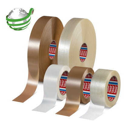 tesa® 60418 Thin recycled PET packaging tape with synthetic rubber adhesive, chamois, 75 mm x 132 m